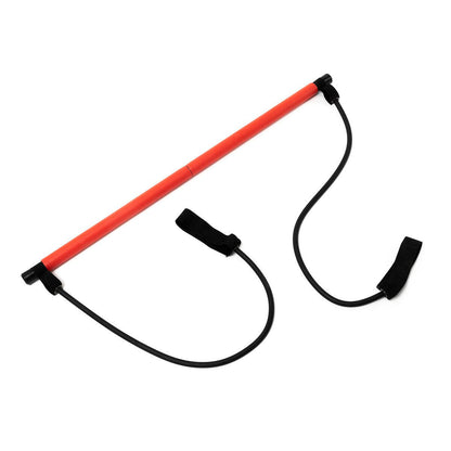 Barra de fitness con bandas elásticas y guía de ejercicios de innovagizmo, ideal para entrenamiento en casa y tonificación muscular.