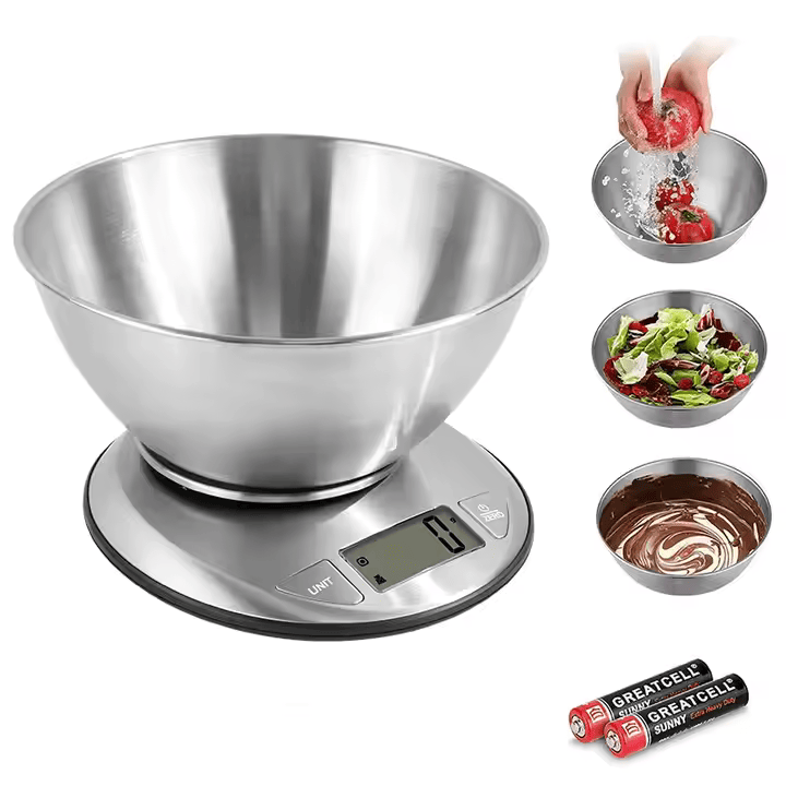 Báscula electrónica de cocina innovagizmo con bol de acero inoxidable para medir ingredientes con precisión.
