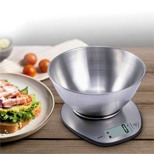Báscula electrónica de cocina Innovagizmo con bol de inox para medir ingredientes con precisión y estilo.