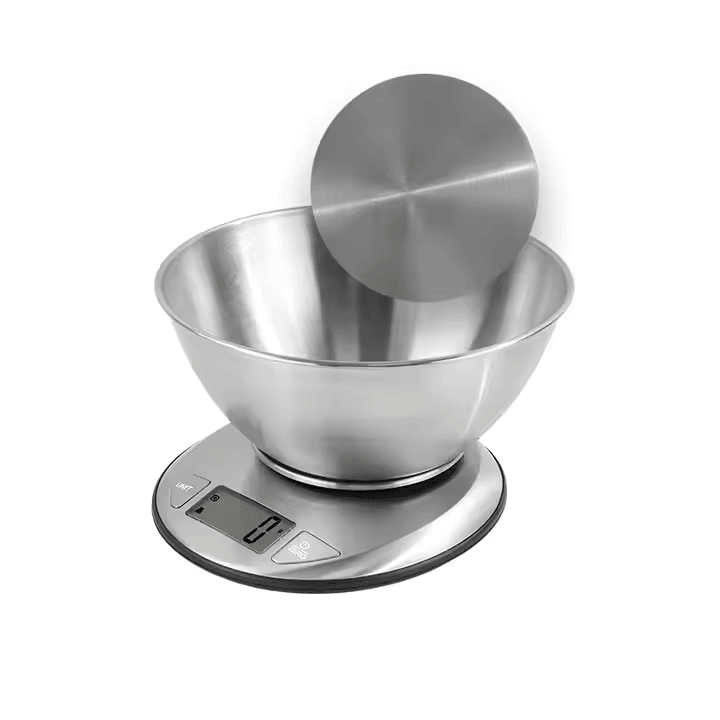 Báscula electrónica de cocina Innovagizmo con bol de acero inoxidable, precisión para medir ingredientes con facilidad.