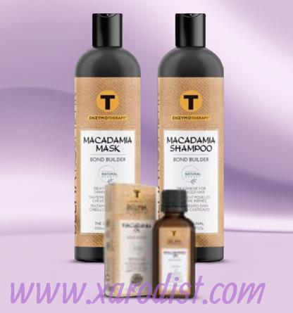 Kit de tratamiento capilar XARODIST Belma kosmetik con champú, mascarilla y sérum de macadamia, 250 ml y 50 ml.
