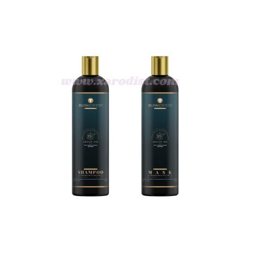 Kit de mantenimiento capilar Belma de XARODIST con champú, mascarilla y sérum de argán para todo tipo de cabellos.