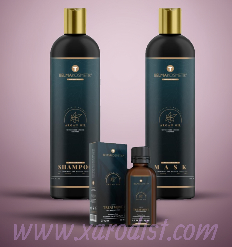Kit de tratamiento capilar XARODIST Belma con champú, mascarilla y sérum de argán para todo tipo de cabellos.