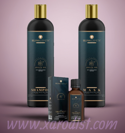 Kit de tratamiento capilar XARODIST Belma con champú, mascarilla y sérum de argán para todo tipo de cabellos.