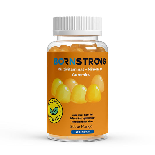 Gominolas multivitaminas y minerales de BORNSTRONG FITNESS, paquete con 60 piezas, vitaminas y minerales en forma de gominolas.