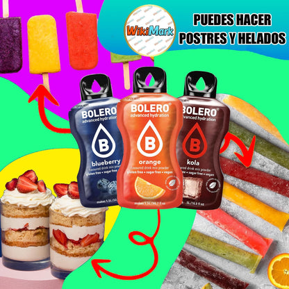 Lote Bebida Bolero (12 x 9 Gr) Sabor COLA Hidratante con Vitamina C, Sin Azúcar + Tarjeta con 100 Consejos Saludables y Vida Sana x WikiMark (12 Sobres + Tarjeta 100 Consejos, COLA (KOLA))