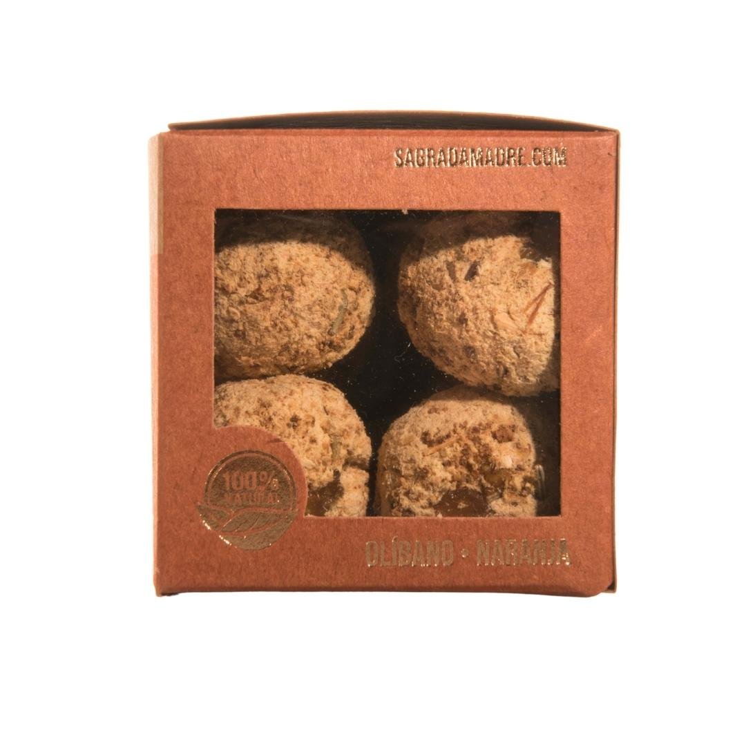 Bombita de incienso premium de olíbano y naranja, de Mystical Tienda, mostrando la bombita y sus aromas naturales
