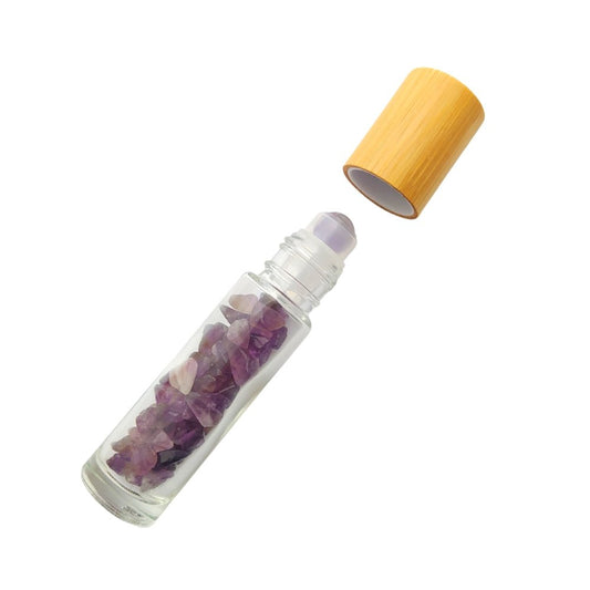 Botella roll-on de amatista de cristal, con chip de amatista, para uso aromático o espiritual, de Mystical Tienda.