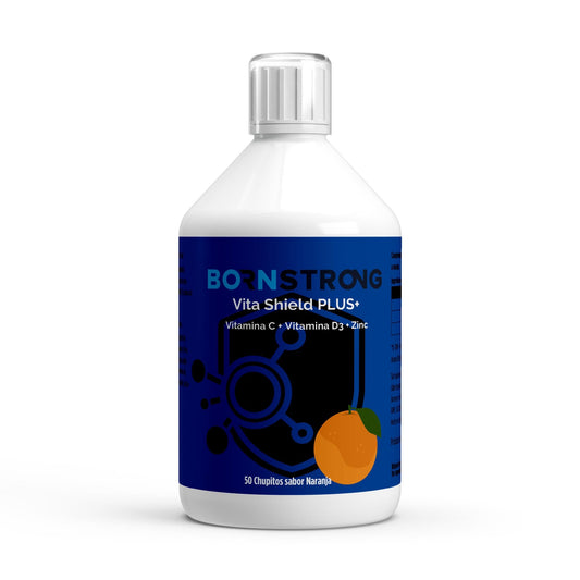 Vita Shield PLUS+ Shots de BORNSTRONG FITNESS con sabor a naranja fresca, para inmunidad activa y protección diaria.