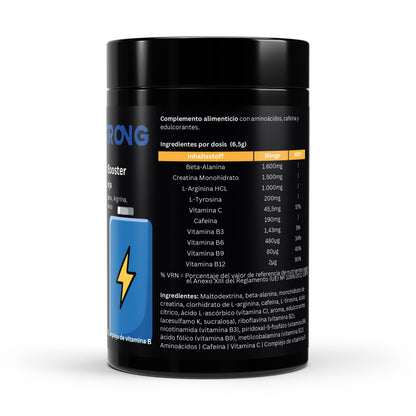 Envase de 520 g de Pre-Entreno Booster Naranja de BORNSTRONG FITNESS, con polvo de suplemento energético y sabor a naranja.