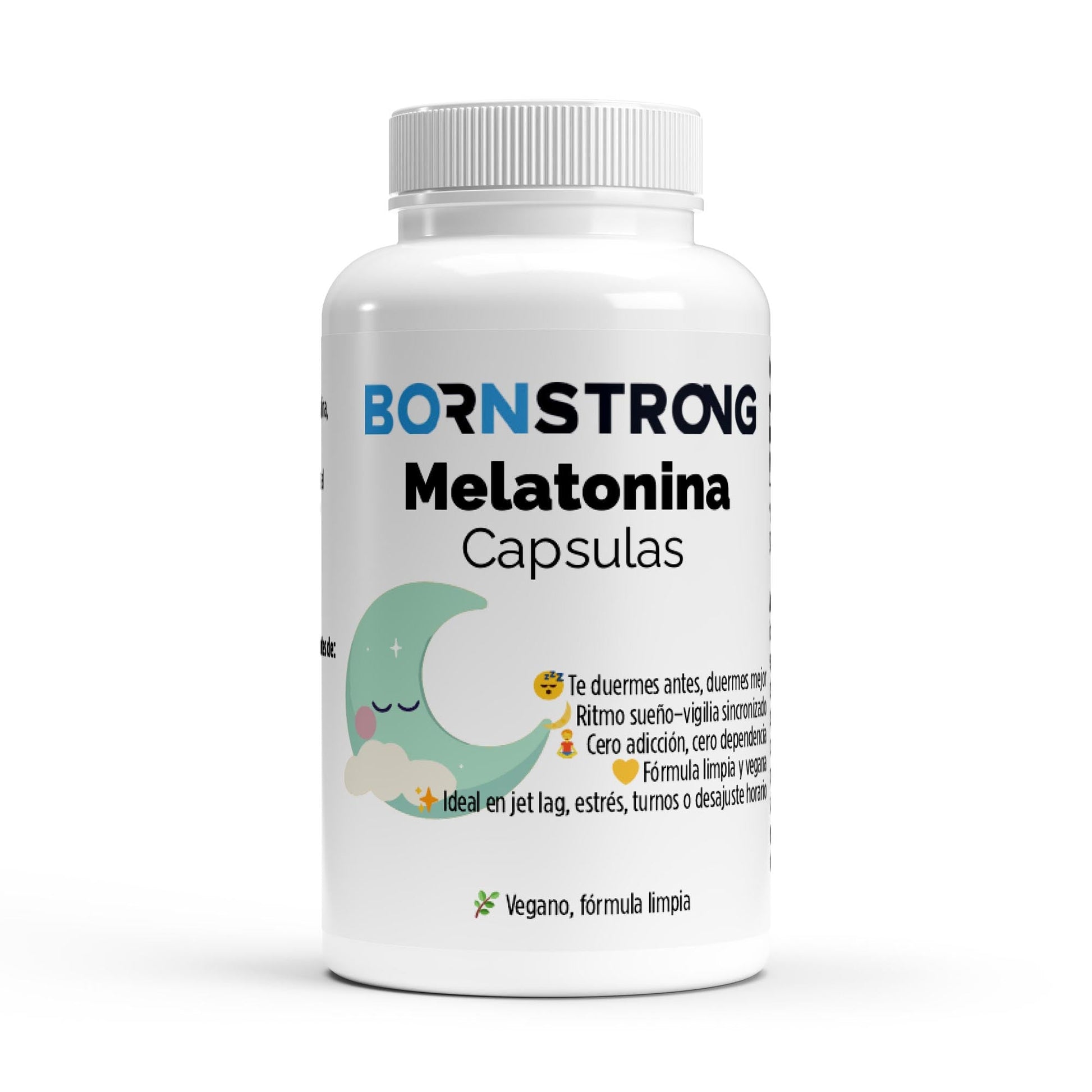 Suplemento de melatonina BORNSTRONG FITNESS para sueño profundo y descanso, con ingredientes para regular el ritmo circadiano.