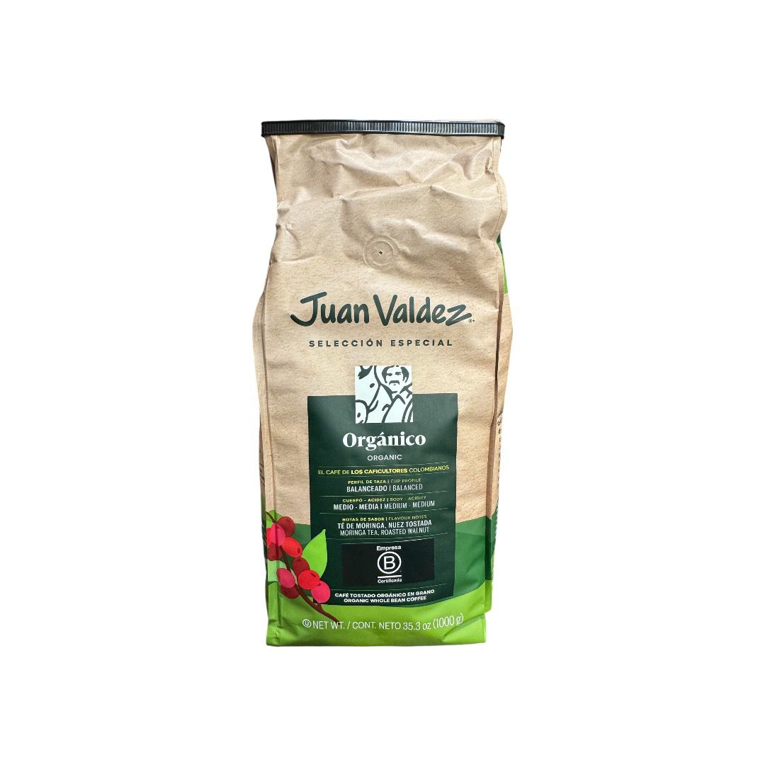 Café orgánico colombiano Juan Valdez en paquete de 1 kg, café de especialidad de la marca AZALA GOURMET.