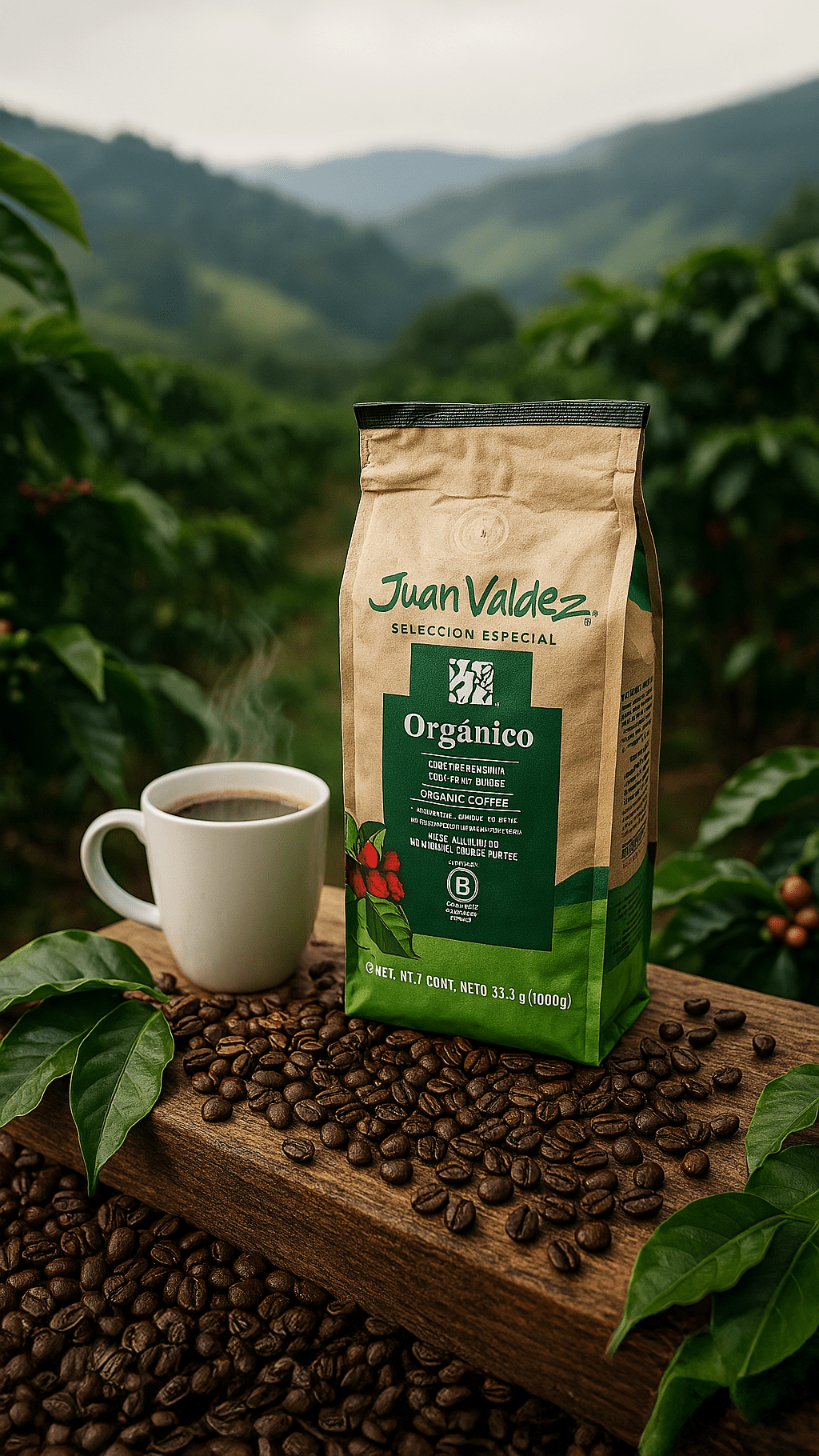 Café orgánico colombiano de Juan Valdez Café en paquete de 1kg, marca Azala Gourmet, con granos de café en su interior