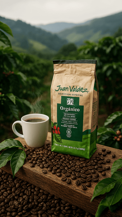 Café orgánico colombiano de Juan Valdez Café en paquete de 1kg, marca Azala Gourmet, con granos de café en su interior