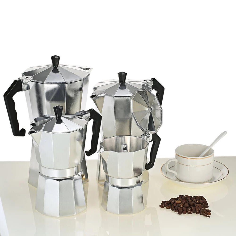Cafetera italiana Innovagizmo de 12 tazas, en acero inoxidable, con asa y tapa, lista para preparar café tradicional.