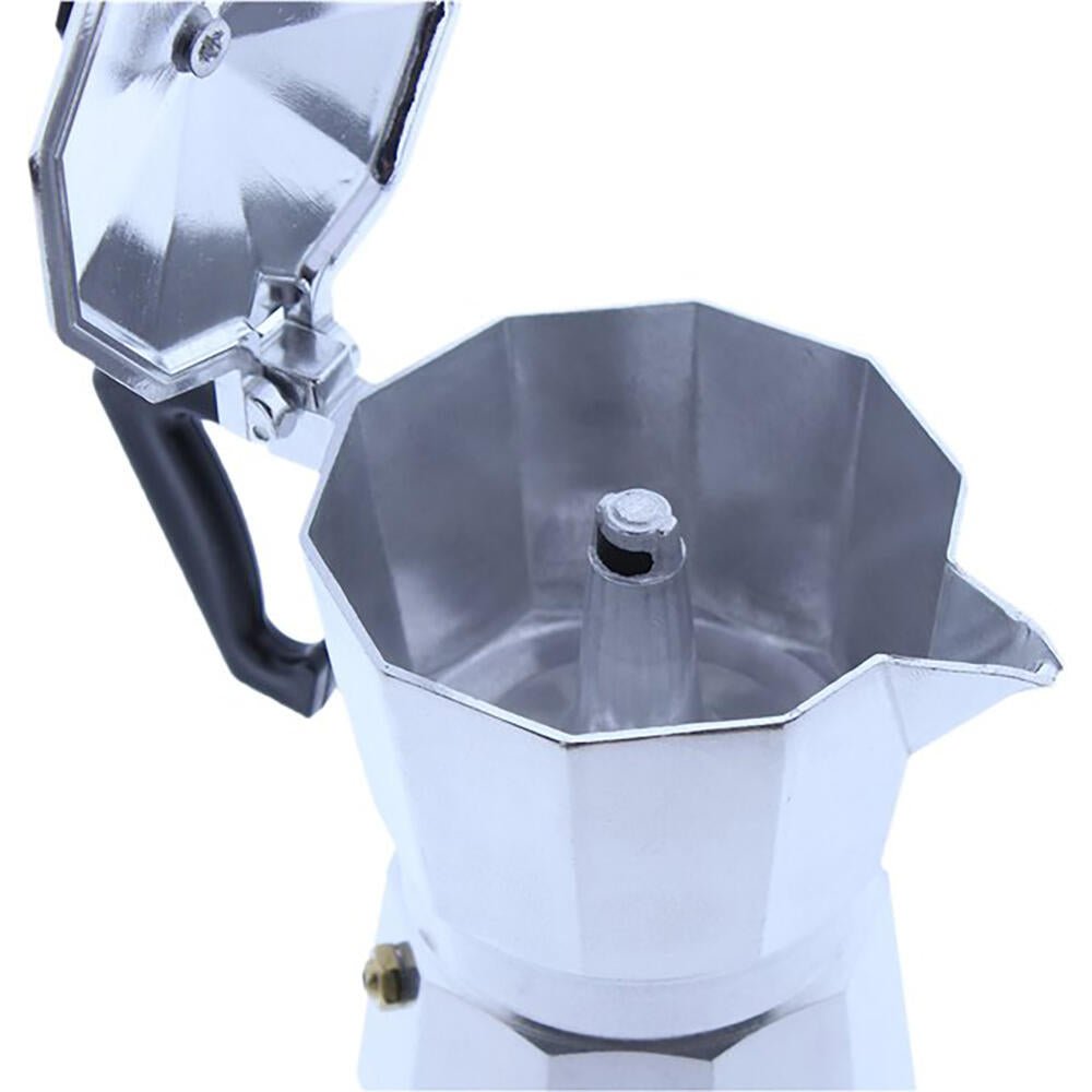 Cafetera italiana innovagizmo de 12 tazas, vista en ángulo mostrando el cuerpo de aluminio y mango ergonómico.