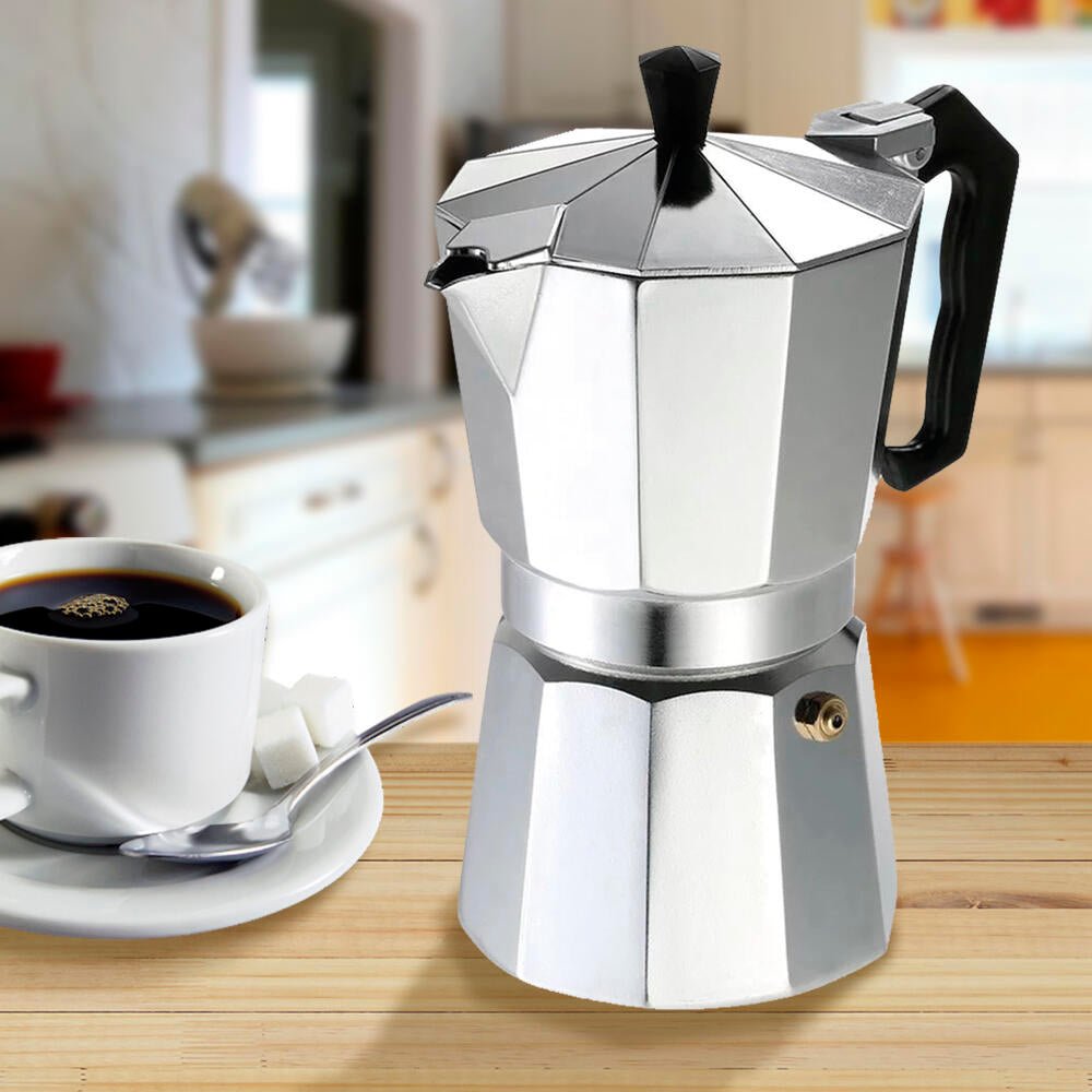 Cafetera italiana innovagizmo de 12 tazas, de acero inoxidable, con asas y tapa, lista para preparar café en estufa.