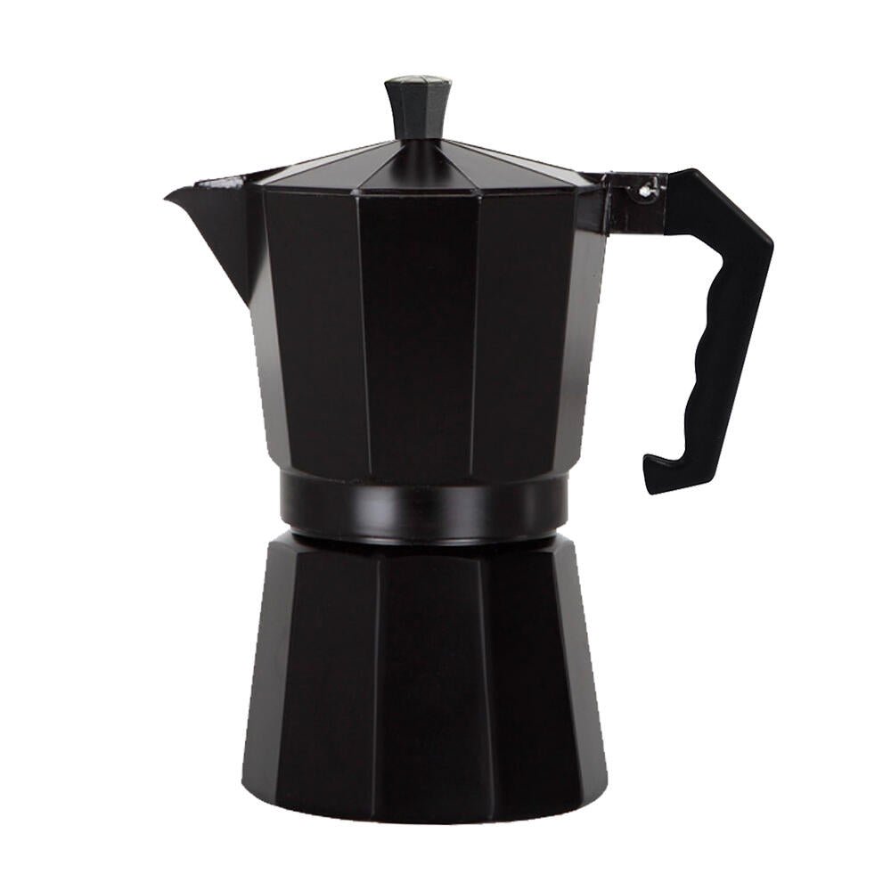 Cafetera italiana innovagizmo de 12 tazas, hecha de acero inoxidable, con asa negra y diseño clásico para preparar café.