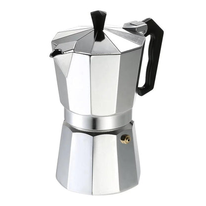 Cafetera italiana Innovagizmo de 12 tazas, acero inoxidable, con mango negro y tapa metálica para preparar café tradicional.