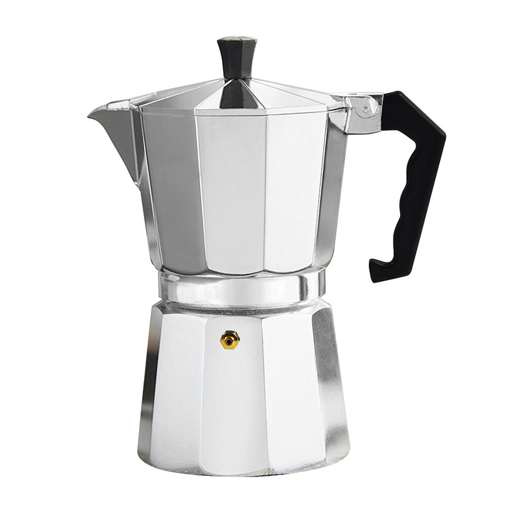 Cafetera italiana Innovagizmo de 12 tazas, hecha de acero inoxidable con asa negra y diseño clásico para preparar café espresso.