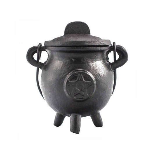 Caldero de hierro fundido con dibujo de pentagrama, ideal para rituales y magia, de la marca Mystical Tienda.