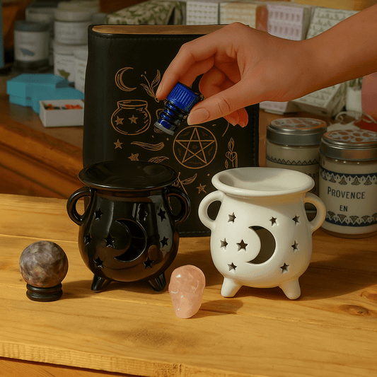 Incensario caldero quemador de aceite Moon & Stars de Mystical Tienda, decorativo con diseño de luna y estrellas.