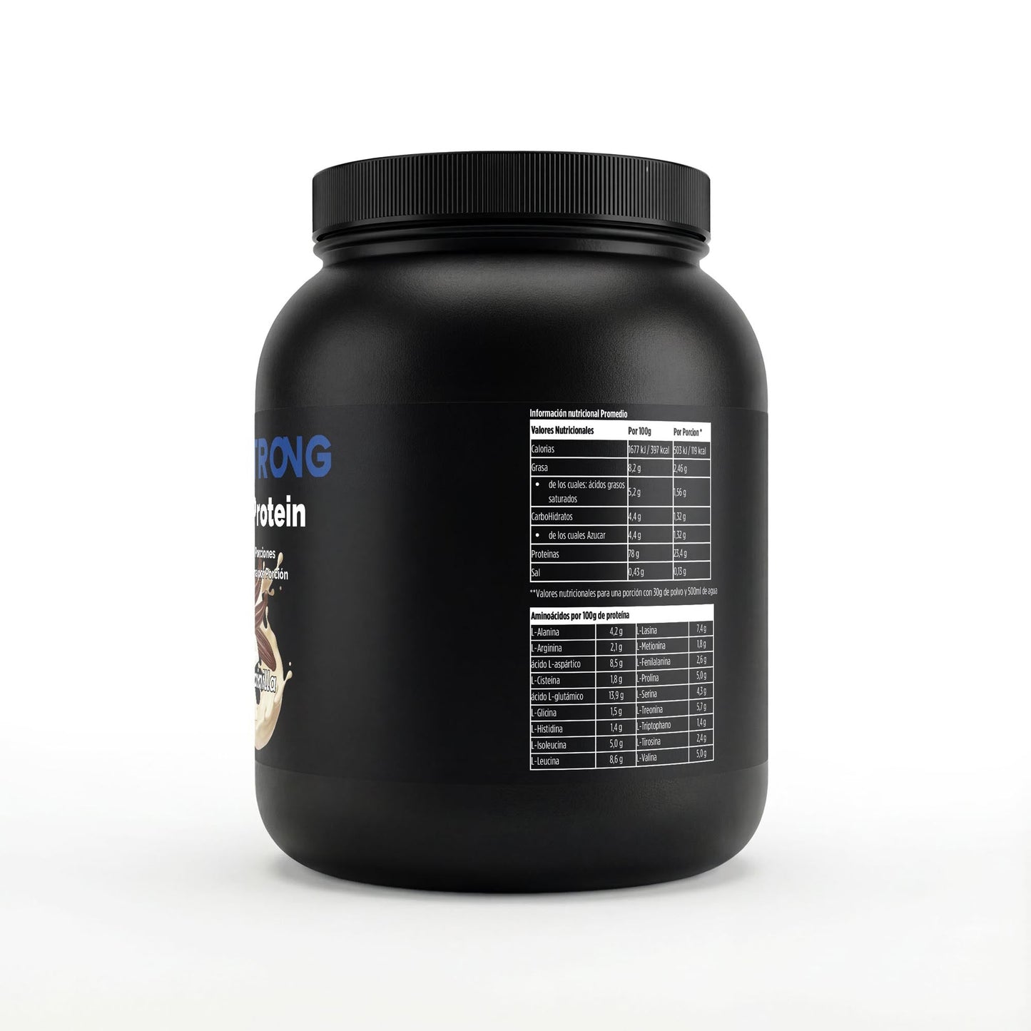 Polvo de proteína de suero premium sabor vainilla de 1kg de BORNSTRONG FITNESS en un envase con etiqueta.