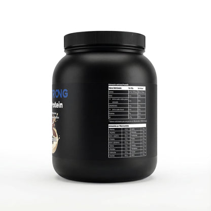 Polvo de proteína de suero premium sabor vainilla de 1kg de BORNSTRONG FITNESS en un envase con etiqueta.