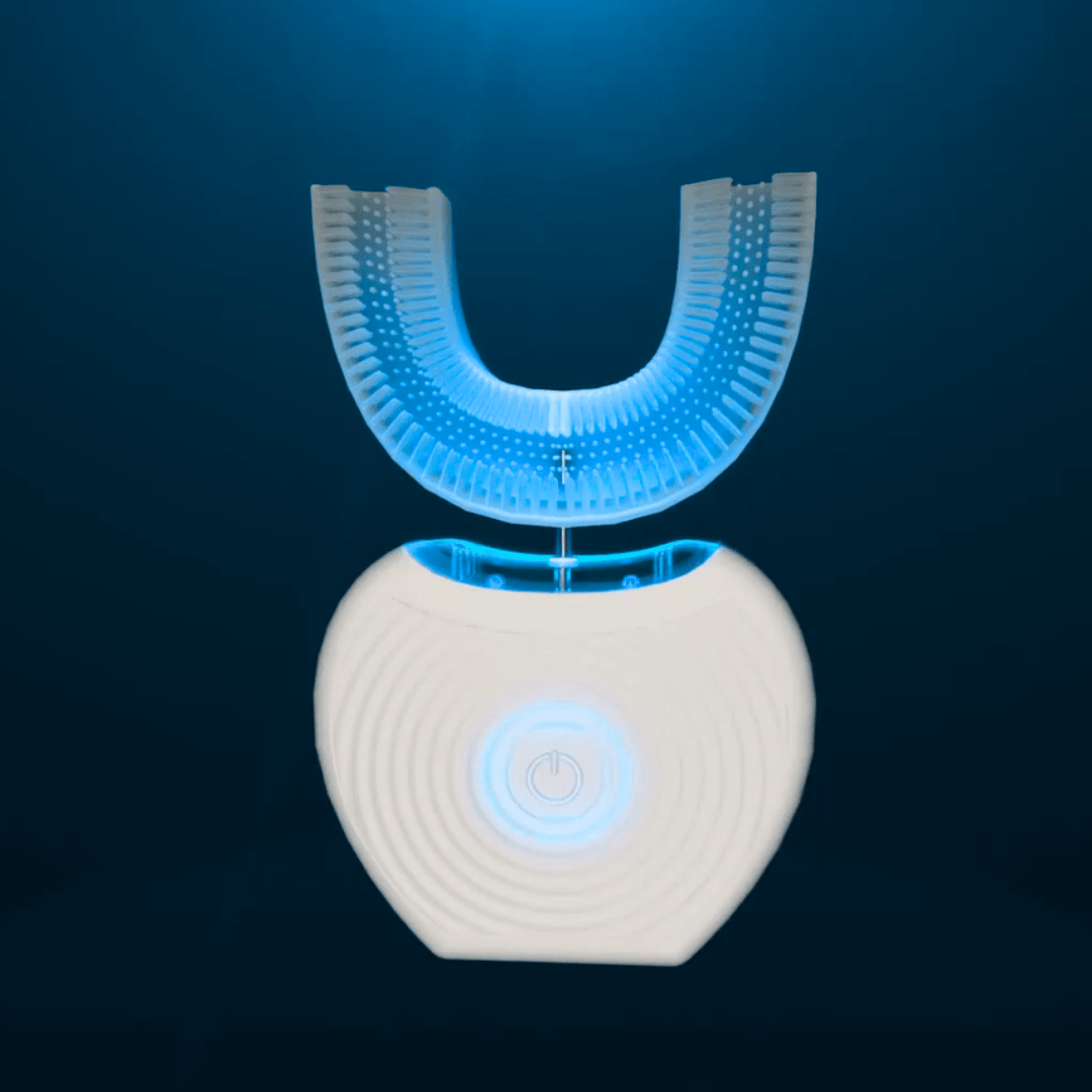 Cepillo dental automático 360º de innovagizmo, higiene rápida y sonrisa perfecta en 10 segundos, con cerdas blancas y diseño moderno.