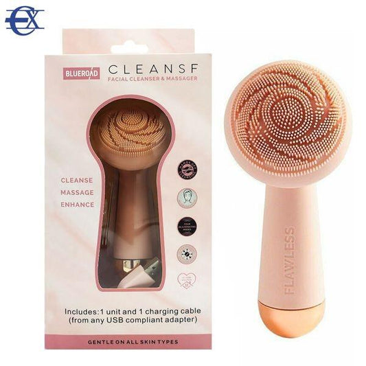 Cepillo facial eléctrico rosa recargable de innovagizmo.com, con cabezal de limpieza y diseño compacto para una piel suave y limpia.
