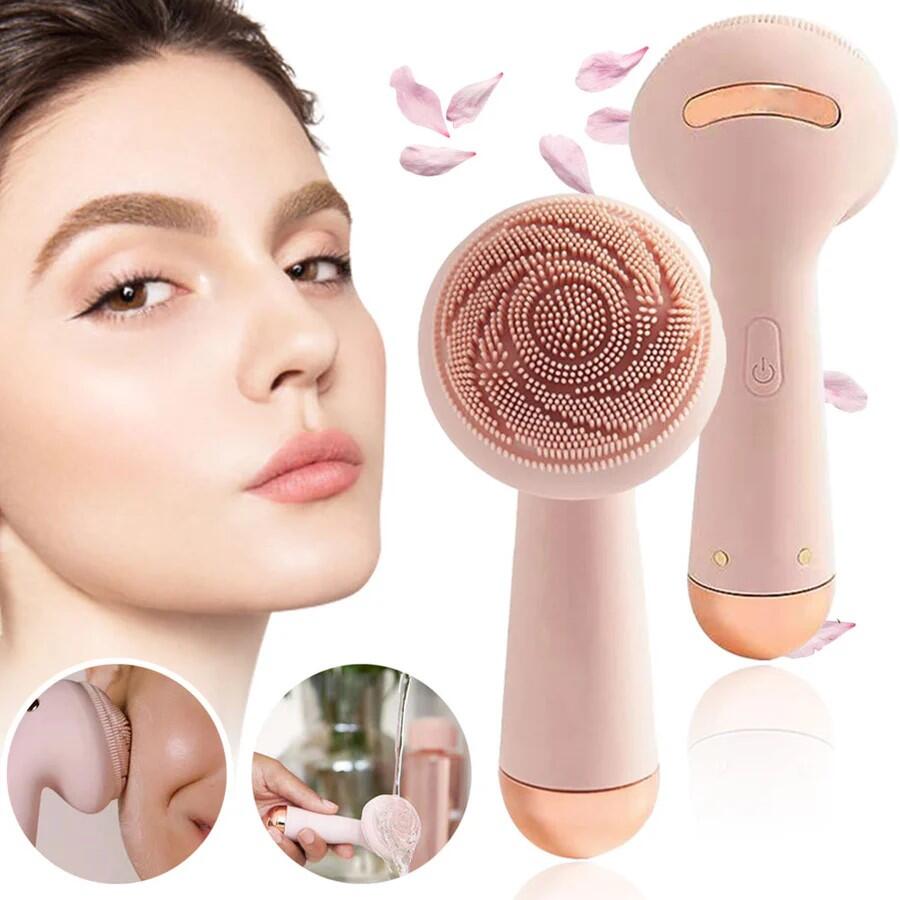 Cepillo facial eléctrico rosa recargable con cerdas suaves, ideal para limpiar y exfoliar la piel del rostro.