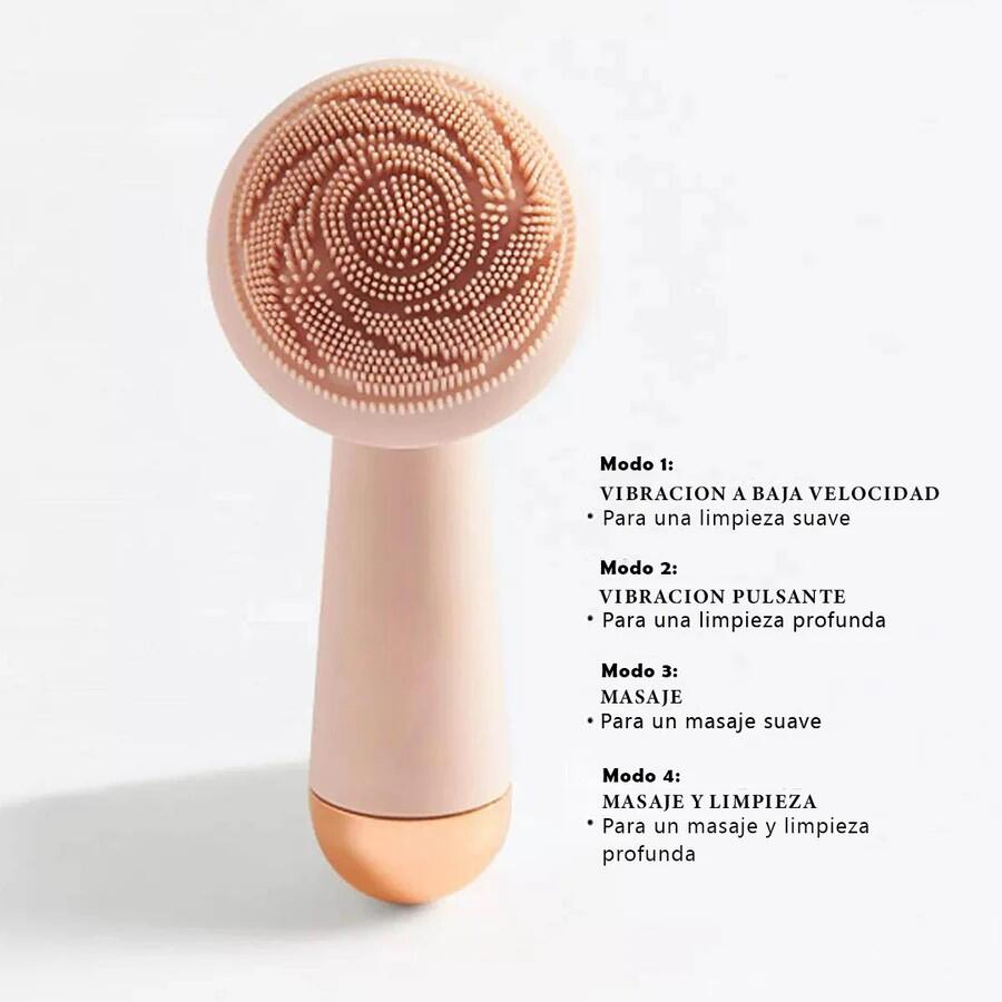 Cepillo facial eléctrico rosa recargable con cerdas suaves y diseño ergonómico para limpieza facial profunda.
