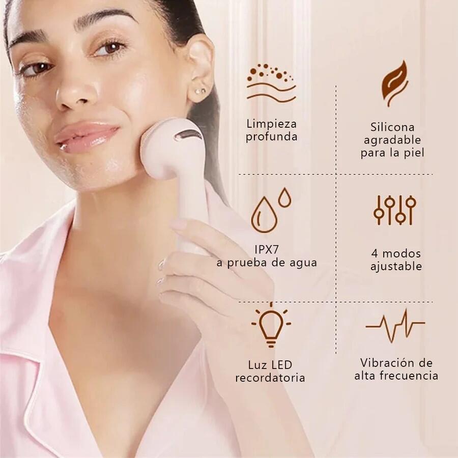 Cepillo facial eléctrico rosa recargable de innovagizmo.com, con cerdas suaves para limpieza facial efectiva.