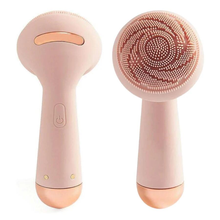 Cepillo facial eléctrico rosa recargable de innovagizmo.com, con cerdas suaves y diseño compacto para limpieza facial efectiva.