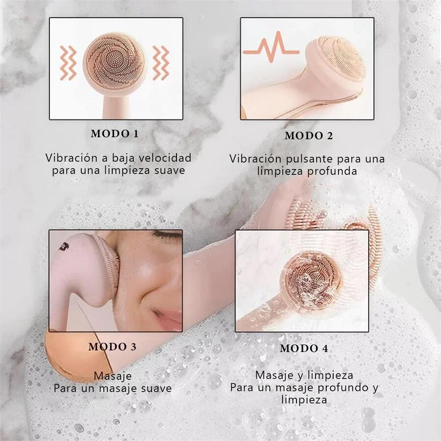 Cepillo facial eléctrico rosa recargable de innovagizmo.com, con cabezal suave y diseño ergonómico para limpieza facial.