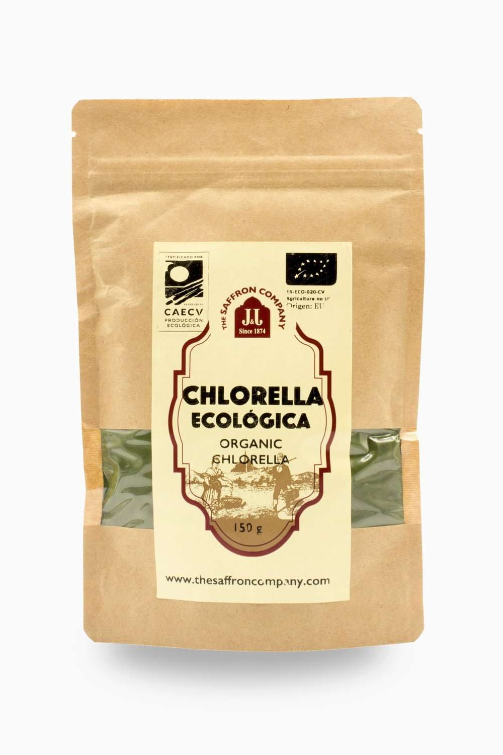 Polvo de chlorella ecológica de The Saffron Company JJ, en envase con polvo verde brillante y textura fina.