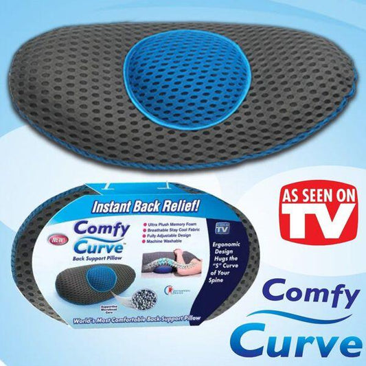 Cojín ergonómico de apoyo lumbar negro para silla, diseñado para mejorar la postura y confort en el respaldo.
