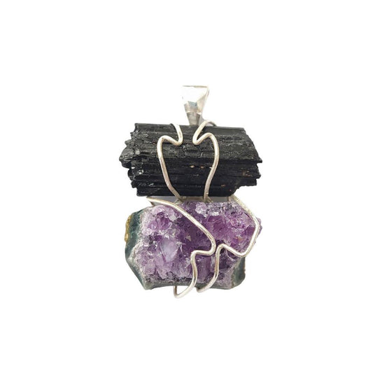 Colgante doble protector con turmalina y amatista, mineral natural de Mystical Tienda, en forma de colgante decorativo.