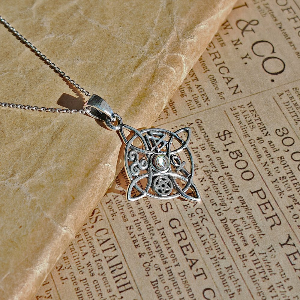 Colgante Nudo de Bruja con Abulón y Símbolos Sagrados - Plata de Ley 925