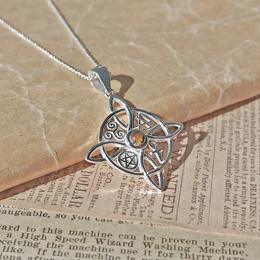 Colgante Nudo de Bruja con Ojo de Tigre y Símbolos Sagrados - Plata de Ley 925