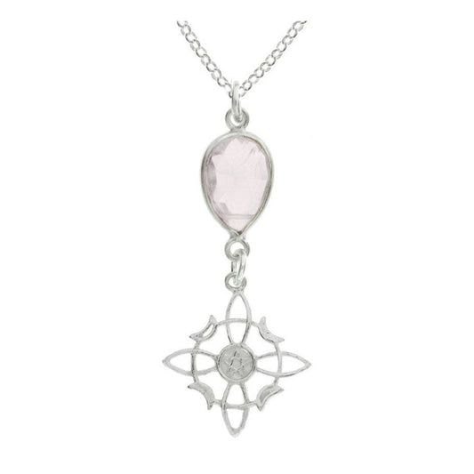 Colgante de plata de ley 925 con nudo de bruja y cuarzo rosa facetado, estilo místico y elegante.
