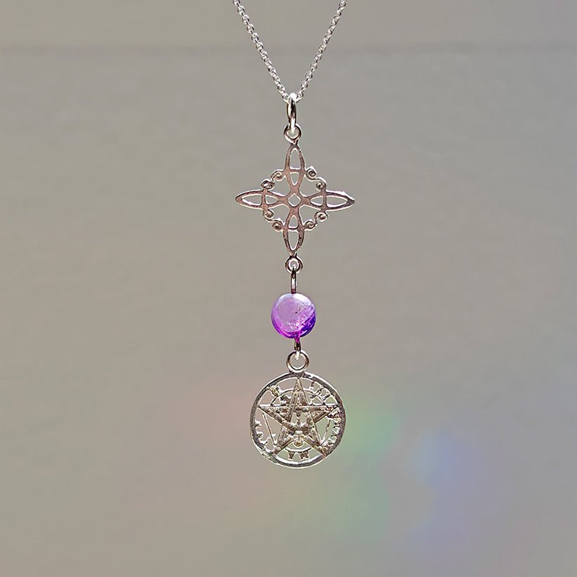 Colgante de plata Nudo de Bruja y Tetragramaton con bola de amatista, diseño místico y elegante en plata S925.