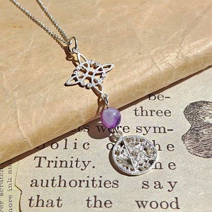 Colgante de plata Nudo de Bruja y Tetragramaton con bola de amatista, estilo místico y diseño detallado en plata S925.