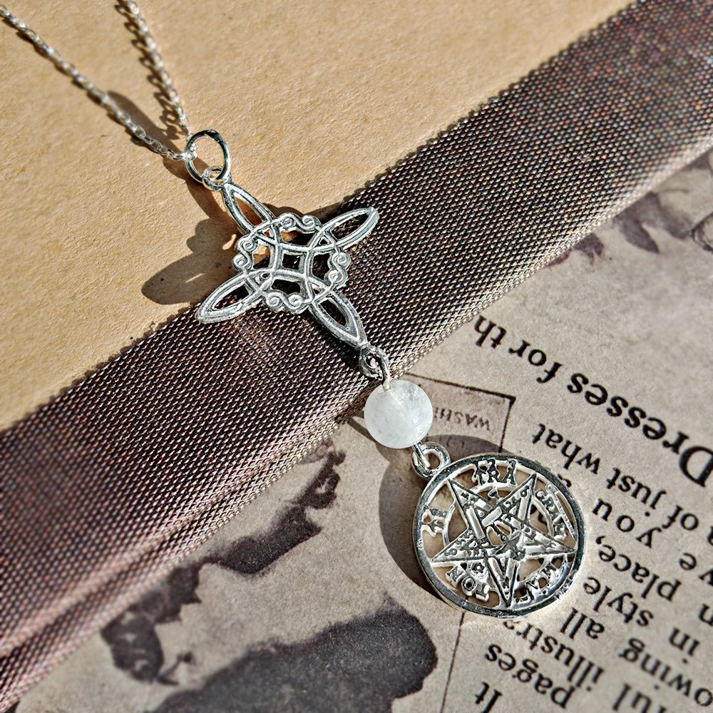 Colgante Nudo de Bruja & Tetragramaton con Bola Cuarzo Blanco - S925