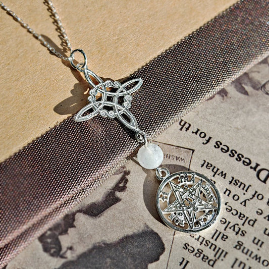 Colgante Nudo de Bruja & Tetragramaton con Bola Cuarzo Blanco - S925