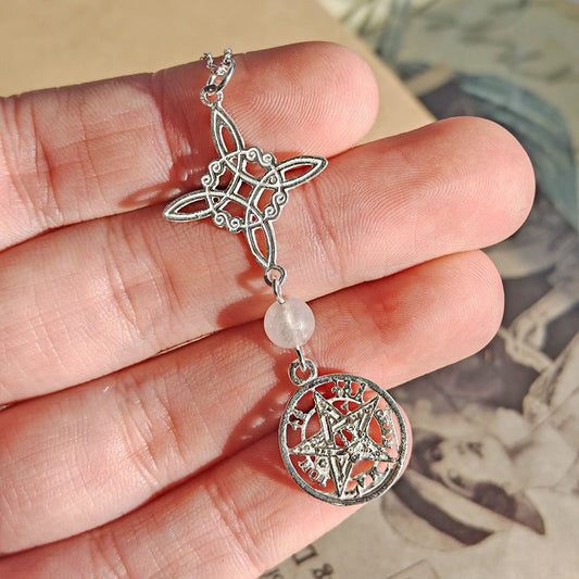 Colgante de plata S925 con símbolo de Nudo de Bruja y Tetragramatón, con bola de cuarzo rosa, para joyería mística.