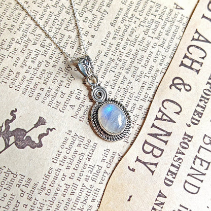 Colgante de plata con piedra de luna en forma ovalada, diseño espiral, joyería de plata de ley 925.