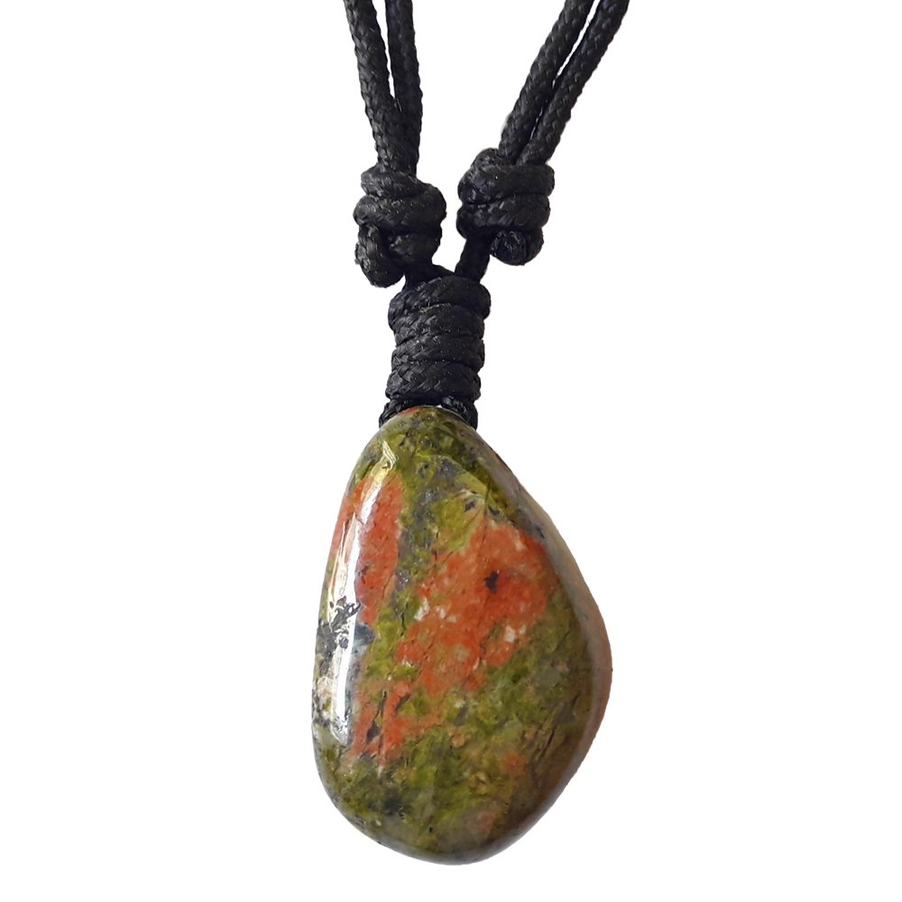 Colgante rodado de Unakita agujereado con cordón negro