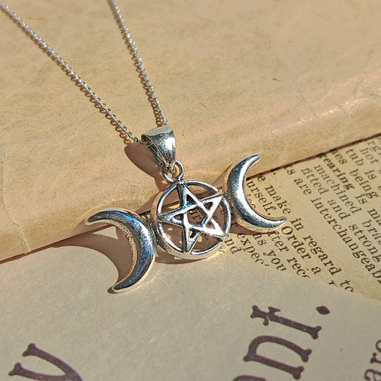Colgante Triple Luna con Pentagrama – Plata de Ley 925