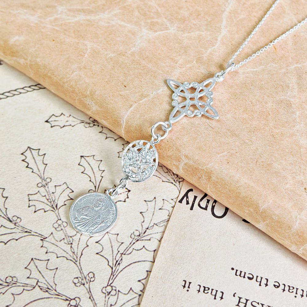 Colgante Triple Protector S925: Nudo de Bruja, Tetragramatón y San Judas Tadeo